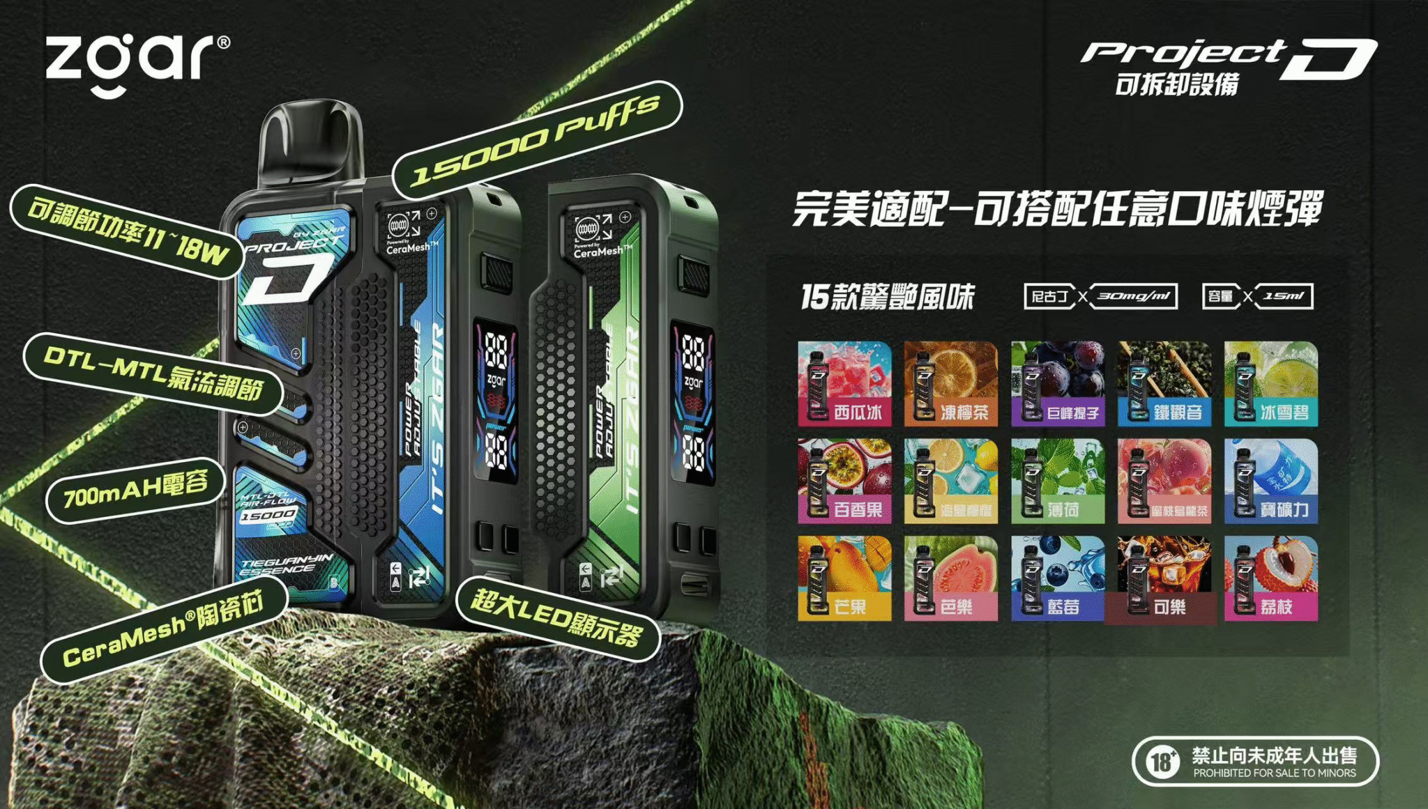 zgar 冰熊卡帶主機 15000口×可調功率×led螢幕×15ml大容量換彈式電子煙